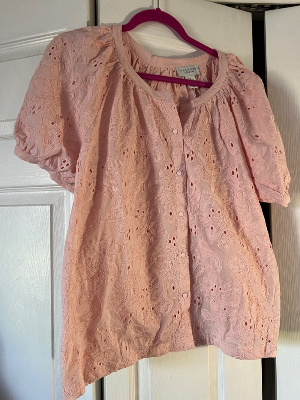 Calypso St. Barth Pink Eyelet Puff-Sleeve Button Front Blouse - Picture 2 of 11